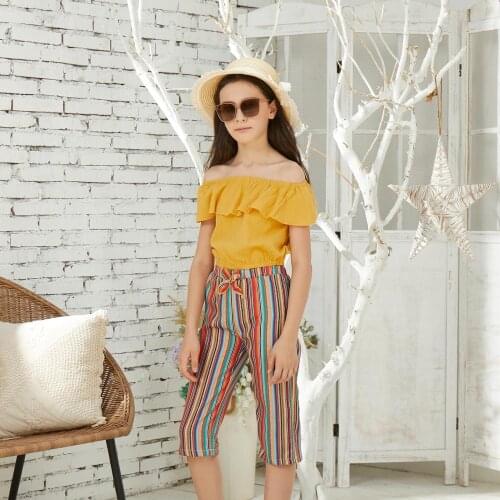 PatPat 2020 New Summer Pretty Solid Flounced Collar Top and Striped Pants Set Kids Girl Sets Suits Short-Sleeve T-shirt Clothes