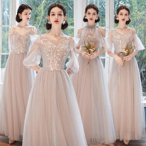 Bridesmaids Dress A-Line Appliques Embroidery Spaghetti Straps V-Neck Floor-Length Embroidery Tulle Lady Wedding Party Gown E139