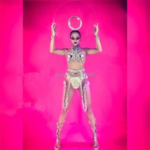Catwalk Show Rhinestone Bikini Dance Suit Clothes Singer Womens Stage Costumes Sexy Lady Party Event Masquerade DS Dress