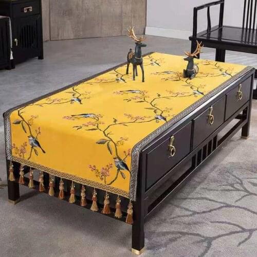 Custom Fine Embroidery Peach Flower Birds Coffee Tea Table Cloth Dining Rectangle Living Room Covering Cloth Linen Dust Cover