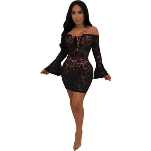 Sexy Women Off Shoulder Lace Perspective Dress Slash Neck Lace Up Fare Long Sleeve Sexy Bodycon Dress Night Club Mini Dress