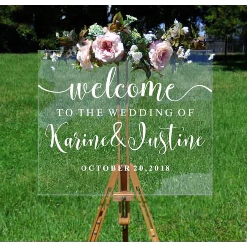 Distinct Interior Personalized Wedding Welcome Sign Acrylic Board Indoor Outdoor Wedding Decals With Couples Name and Date