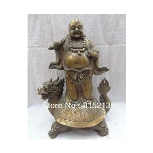 Wang 00022715" China Bronze Buddhism Happy Laugh Maitreya Buddha Statue Ride Dragon Turtle