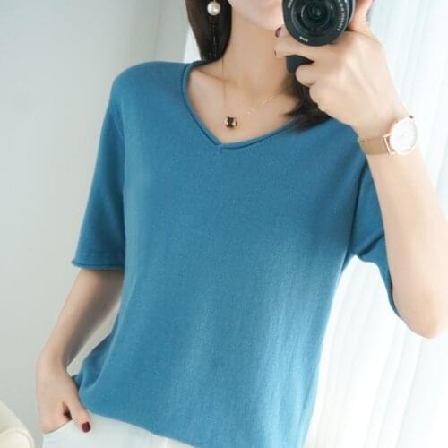 Pure cotton T-shirt women 2021 summer new style V-neck casual large size short solid color knitted pullover short-sleeved top