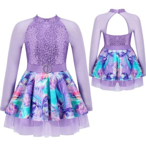 Purple Ballet Dance Tutu Leotard Unitards Girls Dancewear Costume Open Back Sequins Tulle Skirt Ballerina Fairy Party Costumes