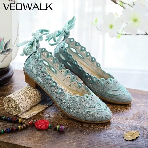 Veowalk Ankle Strap Women Cotton Fabric Embroidered Pointy Toe Flat Shoes Retro Elegant Ladies Casual Soft Comfortable Ballets
