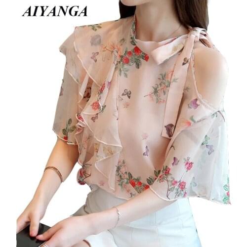 Women Chiffon Shirts 2019 Spring Summer Print Tops Flare Sleeve Off Shoulder Sweet Elegant Slim Chic Blouses S M L XL 2XL