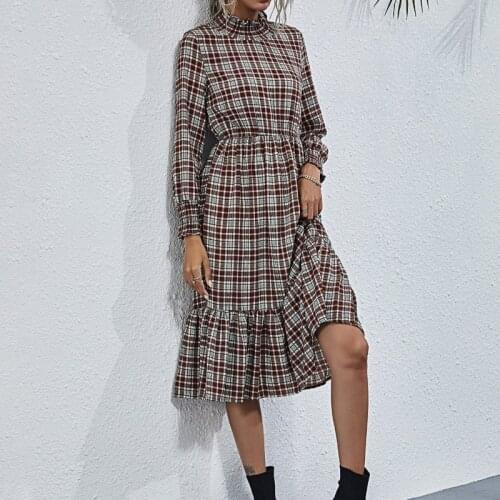 Plaid Printe Elastic Turtleneck Autumn Spring Long Dress Female Chiffon Fashion Large Hem Long Sleeve Vintage 2021 Women Dresses