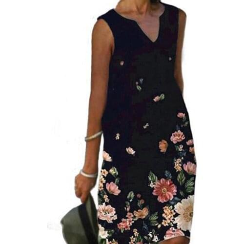 Women Dress Boho Summer Floral Print Sleeveless Dress V Neck Loose Knee-length Sundresses Fashion Casual Ladies Vestidos M-3XL