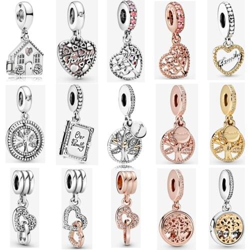 925 Sterling Silver Pink Family Tree Dangle Charm Family Roots Dangle Charm Beads Fit Pandora Bracelet DIY Jewelry