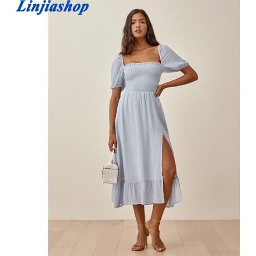Elegant dress women summer puff sleeve dresses vintage square neck midi dress korean chiffon dresses blue ruffle dress