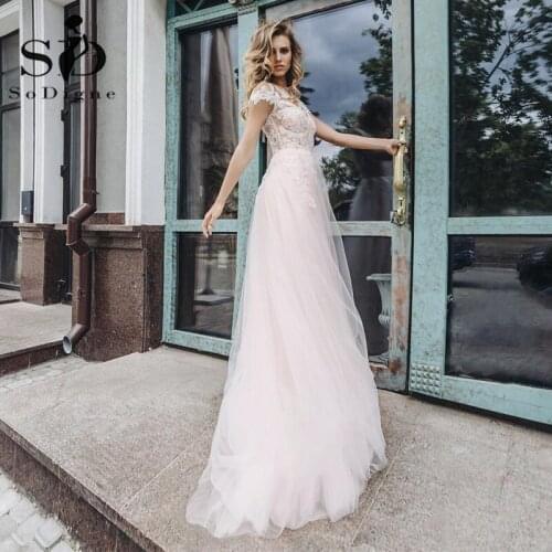 SoDigne Lace Wedding Dress Cap Sleeves Beach Tulle Bohemian Bridal Dresses Modern Boho Wedding Gowns Custom Made 2021