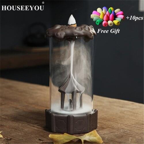 10Pcs Incense Cones + Novel Backflow Glass Cover Incense Burner Creative Home Tea Ceremony Ceramic Aromatherapy Censer Furnace