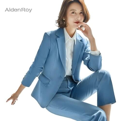 2021SS New Elegant Pants Suit Women Business Blue Long Sleeve Blazer + Trousers Office Ladies Plus Size S-4XL Work Wear