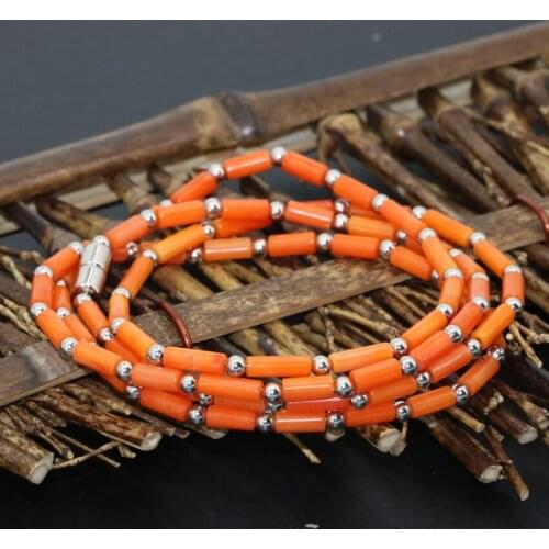4rows & 2rows natural orange coral tube beads bracelets 3*7mm long chain multilayer bangle magnetic clasp jewelry B2792