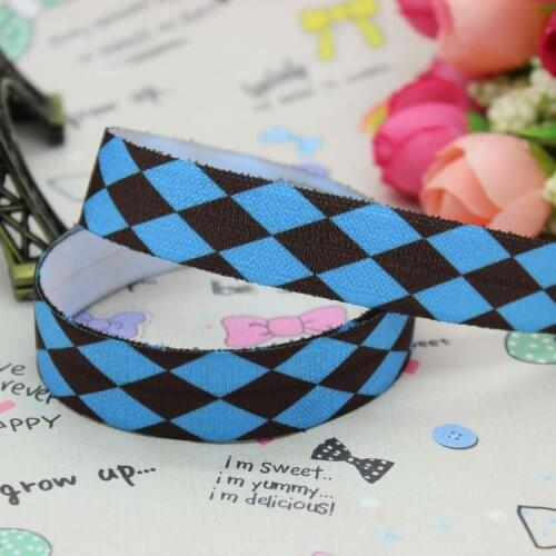 5/8 inch Free shipping Fold Over Elastic FOE grid printed ribbon headband hair band diy decoration wholesale OEM B141