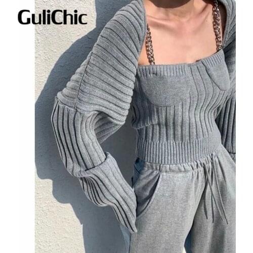 7.14 2021 Womens New Fashion Knitted Two Piece Set Metal Chain Camis Tank Top With Long Sleeve Short Cardigan
