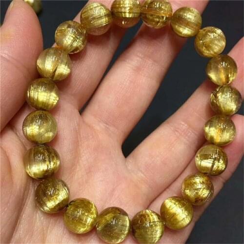 9.5mm Brazil Natural Titanium Rutilated Quartz Gems Crystal Round Bead Stretch Bracelets For Women Men AAAAA