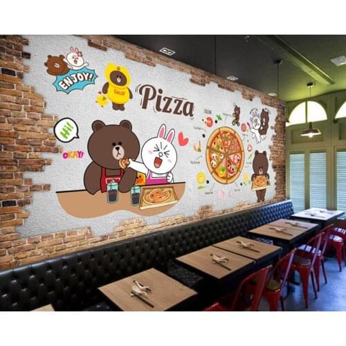 Free Shipping Fashion Brick Wall Hand Painted Pizzeria Western Restaurant Custom 3D Wallpaper Mural Korean Style Cartoon Mural
