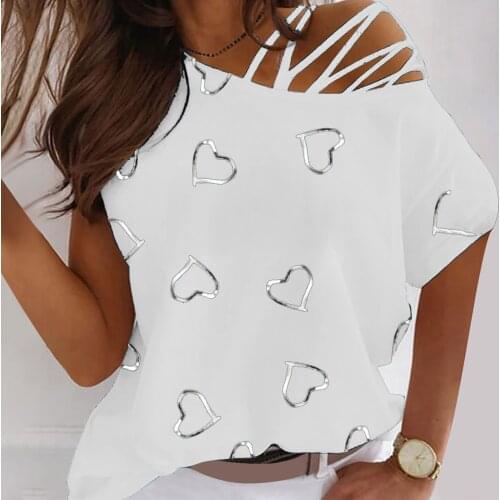 Round Neck Dew Shoulder Blouse Women2021 New Fashion Heart Print Casual Loose Blouses Streetwear Short Sleeves Tops Women