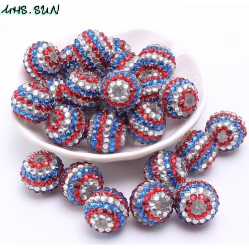 MHS.SUN 50PCS Chunky Resin Rhinestone Beads White&Blue&Red Stripe Beads Loose Round Ball Beads For Kids Necklaces Jewelry