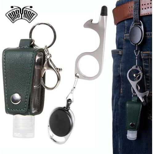 EASYANT Hand Sanitizer Leather Bottle Portable Set Flip Cap Personal Care with No Touch Door Opener Key Ring Brown