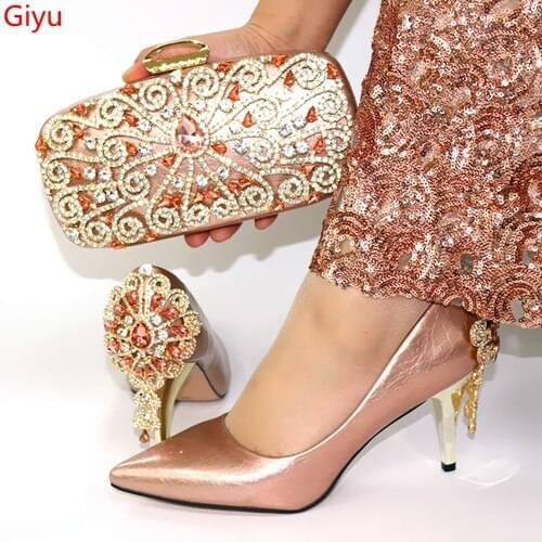 Doershow Italian champagnShoes With Matching Bags Set Italy African Womens Party Shoes and Bag Sets fashion Women shoes!SYT1-8