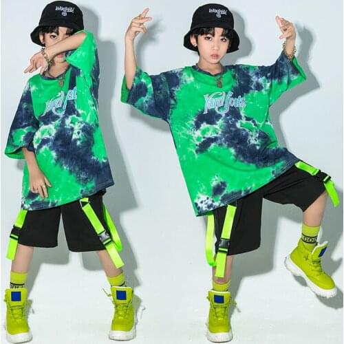 Kids Hip Hop Clothing Tie-dye Green Loose T Shirt Black Running Shorts Boys Child Hip Hop Clothes Street Dance Costume Jazz Wear