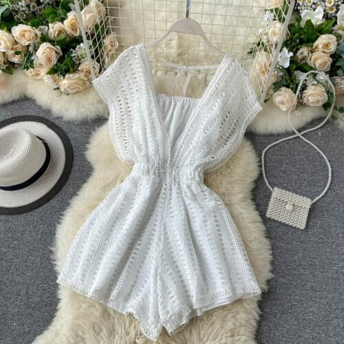 Ins Popular Women Cutout Lace V-neck Jumpsuit Short Design Wide Leg Summer Short Lace Bodysuit