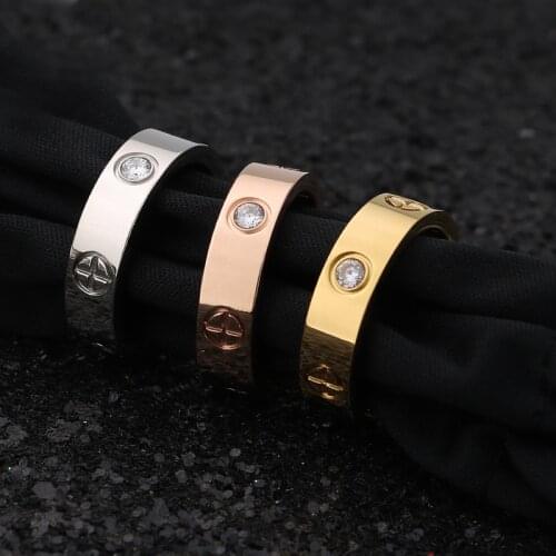 Fashion Rose Gold Stainless Steel Men Ring With Stone Zircon 6mm Rings For Men Couple In Wedding With Cross