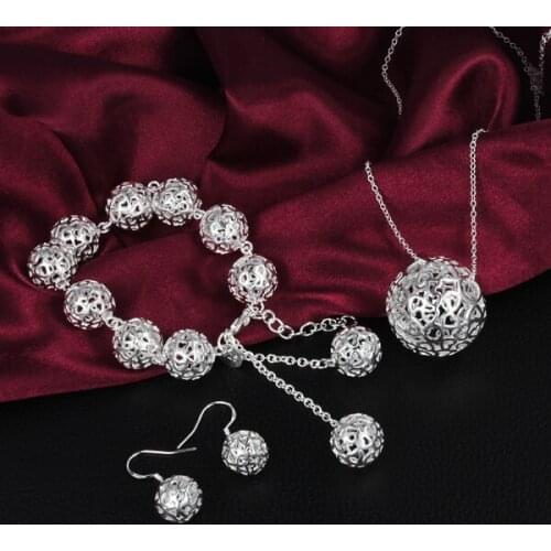 New 925 sterling Silver Hollow Ball Pendant Bracelet necklace earring Jewelry set for women Fashion Party wedding Christmas Gift