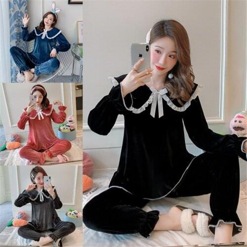 Pajamas ladies gold velvet autumn new long-sleeve lace sexy warm home service suit pregnant women underwear пижама night gown