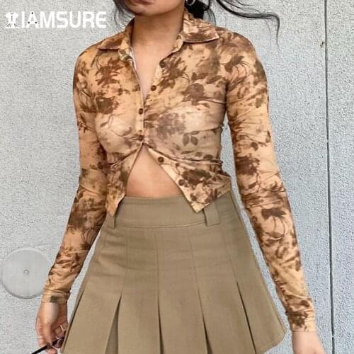 IAMSURE Printed Casual Shirt Women Long Sleeve Turn-Down Collar Blouse 2021 Autumn Crop Top Fashion Streetwear Elegant Ladies