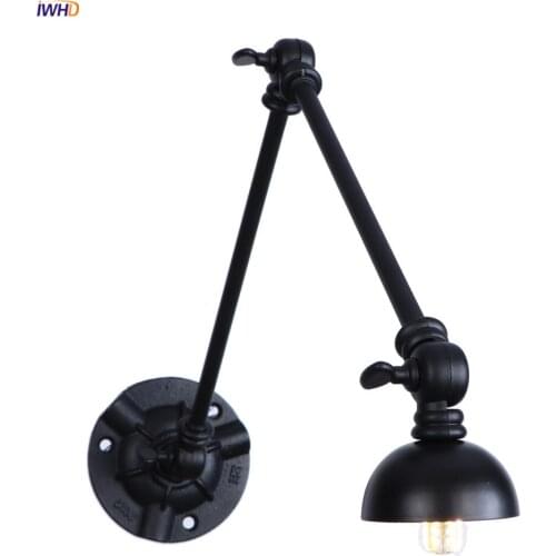 IWHD American Style Black Long Arm Wall Light Fixture Bedroom Stair Beside Loft Decor Industrial Vintage Wall Lamp Sconce LED