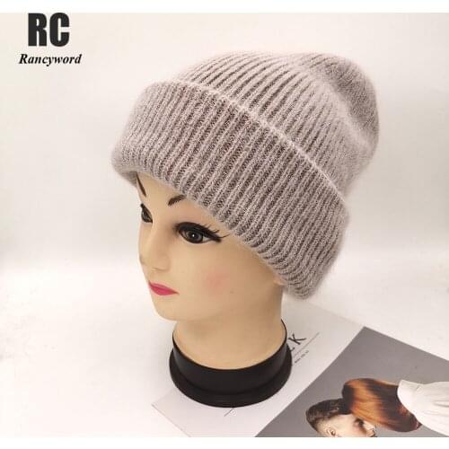 Rabbit Fur Beanie Winter Hat for Women Cashmere Wool Bonnet Thick Knitted Skullies Beanies Warm Soft Angora Knit Hat cap