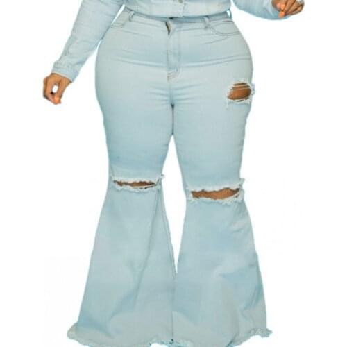 Denim Flare Pants Women Trousers 5XL Plus Size Ripped Hollow Out Hole Boot Cut Autumn Fashion Streetwear Skinny Jeans Denim Pant