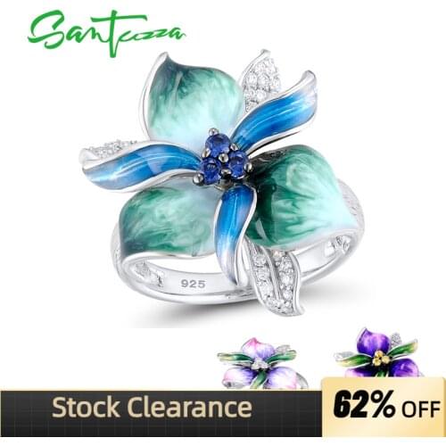 SANTUZZA 925 Sterling Silver Rings For Women Colorful Enamel Flower Sparkling Blue Nano White Cubic Zirconia Trendy Fine Jewelry