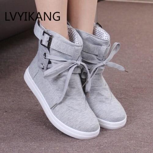 Plus size 35-41 Women Canvas Boots Lace Up Ankle Boots Cotton Casual Shoes Woman Booties Belt Fashion Platform Shoes Black Grey