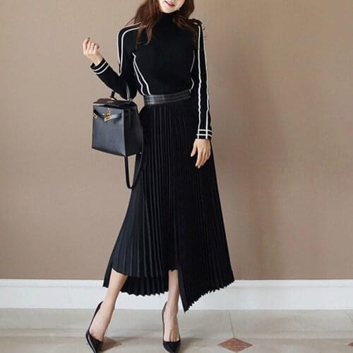 Women Half Turtleneck Striped Sweater and Black Pleated Skirt Ladies 2 Piece Set 2020 New Year Christmas Winter Two Piece Set