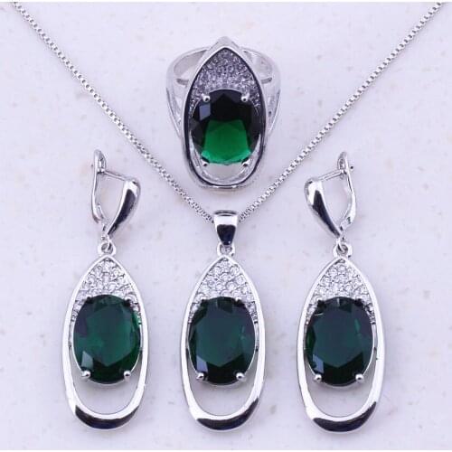 Amazing Deep Green Imitation Emerald & CZ 925 Sterling Jewelry Sets For Women Fashion Party Jewelry Free Gift Box J0017