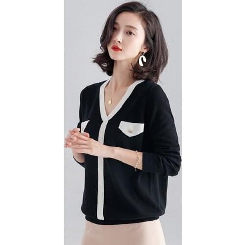 New Autumn Pullover Tops Women Fashion Slim Long Sleeve Patchwork Color V Neck Knitted Short Sweater Ladies Clothing AA5104