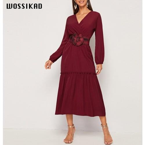 2019 Autumn V-neck Long Sleeve Dress Women Elegant Long Sexy Dress Present Satin Bow Belt Clothes Dress Ropa De Mujer