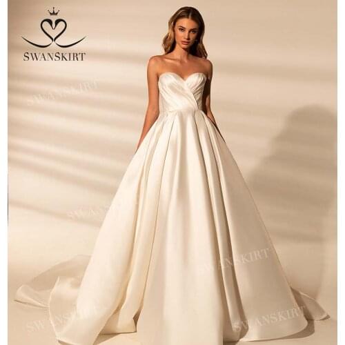 Vintage Satin Wedding Dress 2021 Strapless Sleeveless A-Line Court Train Bridal Gown Princess SwanSarah W114 Vestido De Novia