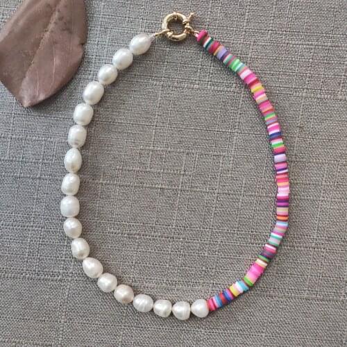 Women summer fashion pearls necklace Unique stitching design boho style colored polymer clay jewelry choker gift for friend