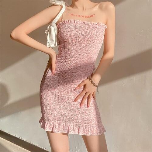 Summer Women Slash Neck Floral Dress Sweet Sleeveless Backless Slim Fit Strapless High Waist Ruffle Pink Vestidos 2021