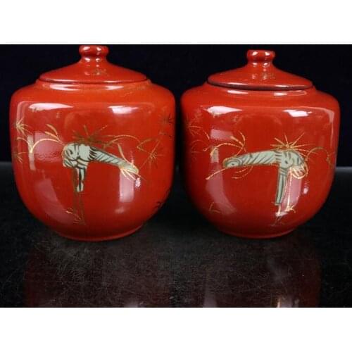 1 Pair Ceramics Red Porcelain Chinaware with Cover Trace a Design In Gold Red-Crowned Crane Pattern Color Glaze Pot Jar Tea Can