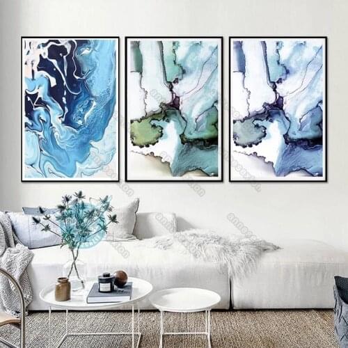 Abstract Watercolor Drawing Pictures with White Gree Blue Colors Modern Style Canvas Painting Poster for Home Rooms Wall Decorat