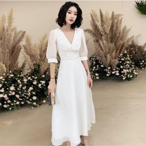White Evening Dress 2020 New Fashion Sexy V-neck with Button Half Sleeve Prom Dress Slim Waist Formal Dresses Plus Size