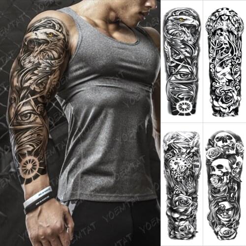 Large Arm Sleeve Tattoo Eagle Eye Waterproof Temporary Tatto Sticker Feather Sun Gear Body Art Full Fake Tatoo Women Men