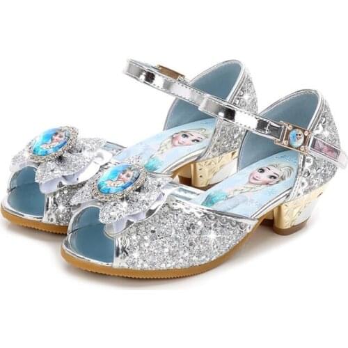 Child Girls elsa sandals Kids high Heel Bowtie Glitter shoes enfant Princess dance summer sandal Wedding shoes